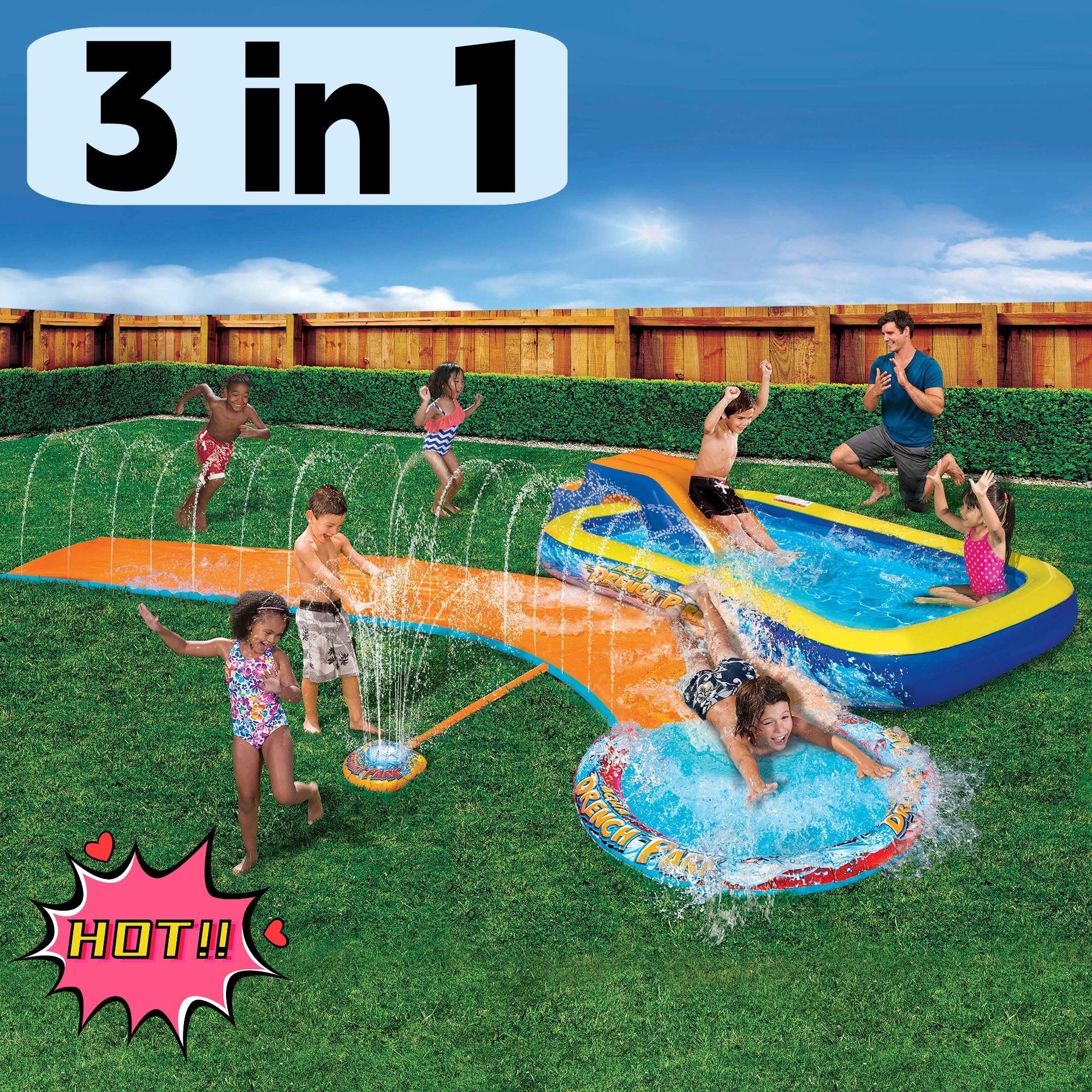 3-In-1 Splash Park w/ Pool, Sprinkler & Waterslide - Bargainwizz