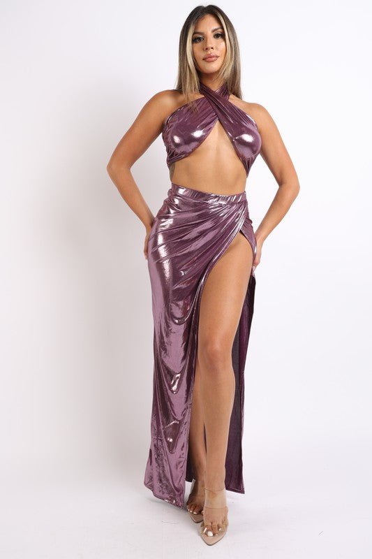 Foil Surplice Halter Top and Opened Maxi Skirt - Bargainwizz