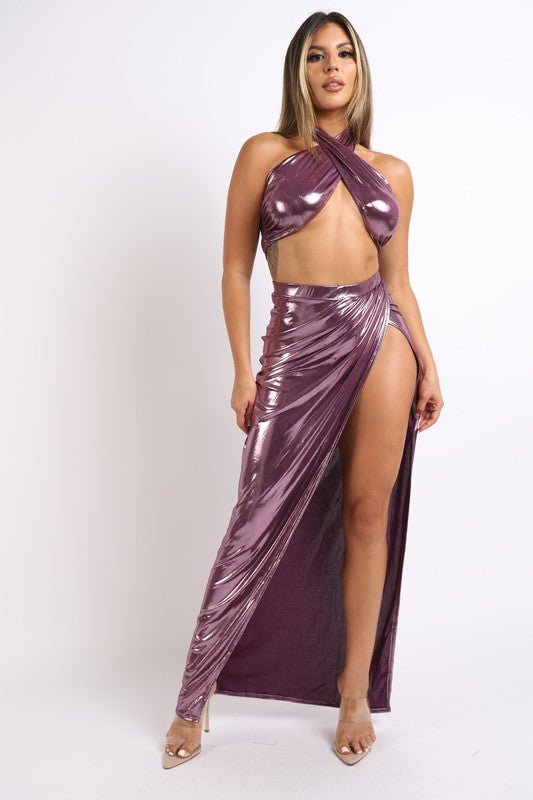 Foil Surplice Halter Top and Opened Maxi Skirt - Bargainwizz