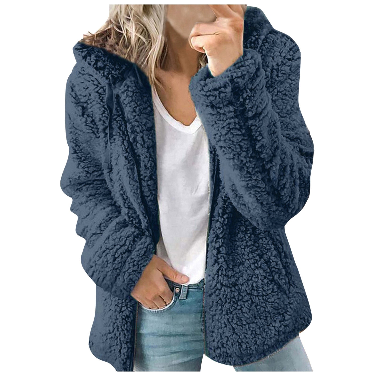 Large Fleece Fluffy Zipper Hooded Jacket - Bargainwizz