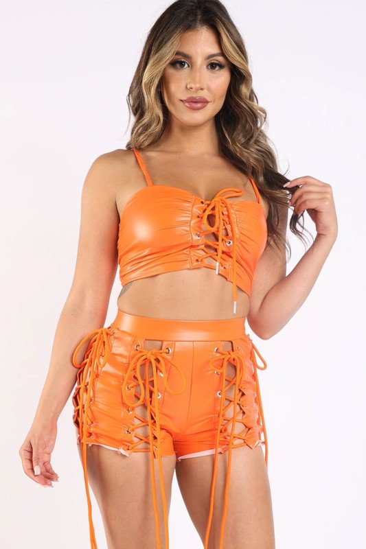 Matte PU all over lace-up top & shorts set - Bargainwizz