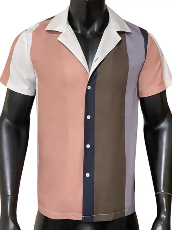 Men's Color Block Short Sleeve Button-up Shirt - Bargainwizz