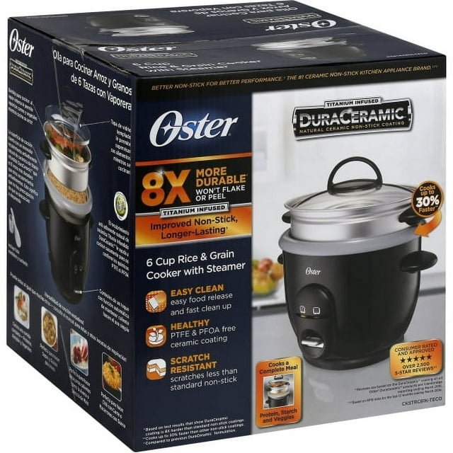 Oster DuraCeramic Titanium Infused 6-Cup Rice and Grain Cooker with Steamer - Bargainwizz