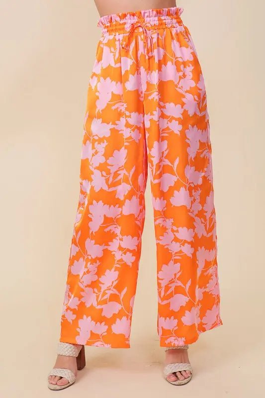 Tropical Print Wide Pants with Drawstring - Bargainwizz