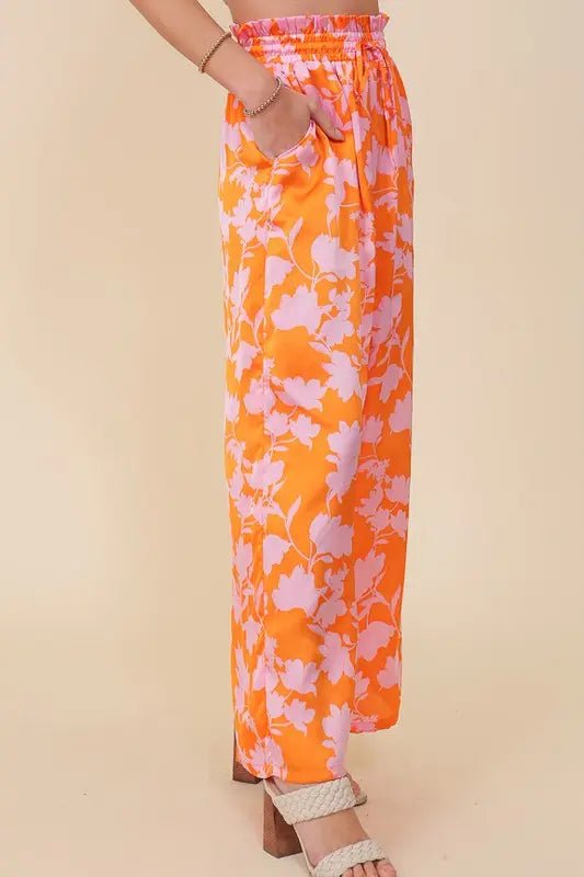 Tropical Print Wide Pants with Drawstring - Bargainwizz
