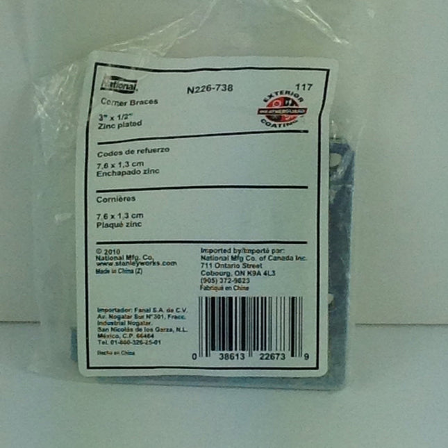 Zinc Plated 3" X 1/2" Corner Braces 4Pk NATIONAL Mending Plates N226-738 Zinc - Bargainwizz